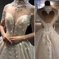Wholesale 2020 New High Neck Bride Gown Wedding Dresses Princess Tulle Tassel Sleeves Hollow Heart Sparkle Wedding Gown BLN018