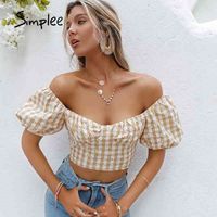 Wholesale Simplee Daisy print yellow plaid women T shirt summer Puff sleeves square neck slim smocking top lady Holiday sexy tops fashion
