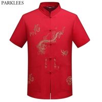 Wholesale Chinese Dragon Embroidery Tang Linen Shirt Men Mandarin Collar Hanfu Shirts Mens Tai Chi Wushu Outfit China Shirt Clothing Red
