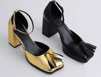 Wholesale 2021 sheepskin leather square CM chunky high heels Dress SHOES Pumps Wing toes buckle tassels Retro fringe Mary Jane party wedding size Gold black