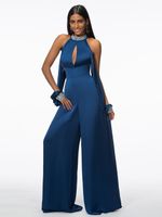 Wholesale 2021 Women Unique Navy Blue Dress Fashionable Beading Key hole Satin Evening Dresses Chiffon Jumpsuits Gala Gowns Open Sleeves Long