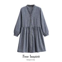 Wholesale Free Inspirit Arrival Casual Style A line Plaid Pattern Long Sleeve V neck Mid calf Empire Single Breasted Women s Dresses