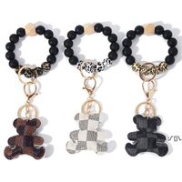 Wholesale 8 Styles Silicone Bead Bracelet Keychain Party Wooded Beads Keyring Old Flower Plaid Bear Decoration Key Ring PU Leather Ornament RRD13239