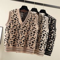 Wholesale Sweater Vest Women Leopard V neck Chic Leisure Loose XL Autumn Winter Warm Daily Outwear Korean Style Fashion All match Ulzzang