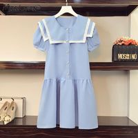 Wholesale Casual Dresses XL Plus Size Women Preppy Style Light Blue Chiffon Dress Summer Lace Sailor Collar Puff Sleeve Loose Ruffle