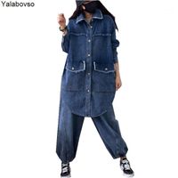 Wholesale Women s Tracksuits Denim Jeans Suit Piece Set Tracksuit Women Autumn Korean Style Retro Loose Mid length Shirt Pants All match Cowb