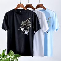 Wholesale Trend High Quality Men s T Shirts Chinese Style Short Sleeve Tops Summer Men O Neck Collar Slim Bird Floral Embroidery Casual Tees