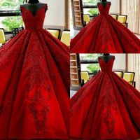 Wholesale 2021 Bling Dark Red Ball Gown Quinceanera Dresses V Neck Luxury Lace Appliques Crystal Beaded Sweet Puffy Tulle Plus Size Prom Evening Gowns Off Shoulder