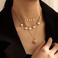 Wholesale Pendant Necklaces Arrival Punk Metal Chain Choker Necklace Stainless Steel Triple Layer Pearl Heart Lock