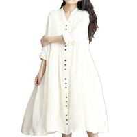 Wholesale Bohemia V Neck Button Dresses Coat Dress Lantern Long Sleeve Mid Calf Beach Casual Sundress Solid White Navy Blue