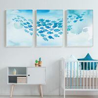 Wholesale Paintings Abstract Poster Cartoon Blue Fish Group Canvas Painting Childlike Wall Art Pictures Print Room Decorative For Nursery Children
