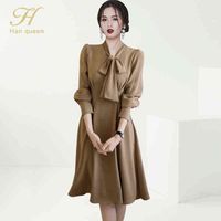 Wholesale H Han Queen New A Line Vintage Vestidos Puff Sleeve Work Casual Dresses Office Chic French Style Women Evening Party Dress Y1204