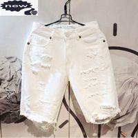 Wholesale Summer Mens Straight White Denim Distressed Hole Tassel Slim Fit Knee Length Trousers High Street Male Casual Shorts Men s