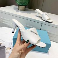 Wholesale 2021 Luxurys Designers Sandals Brushed Leather Women Slippers High Heels mm Pumps Inverted Triangle Flip Flops Flat Slides Screen printed Ladies Shoes