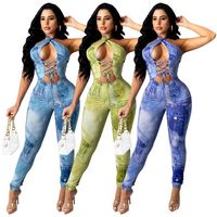 Wholesale Women s Print Bodycon Jumpsuits Rompers Criss Cross Halter Neck Backless Fitness Overalls Streetwear Lace Up Hollow Catsuits