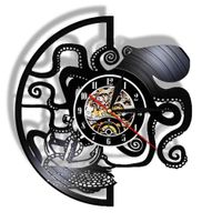 Wholesale Octopus LED Night Light Lamp Sign with Remote Control Devilfish Vintage quot Black Hanging Watch Poulp Vinyl Record Wall CLock
