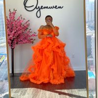 Wholesale Orange Real Images Tulle Maternity Dress Off the Shoulder Ruffled Photoshoot Maternity Robes Front Open or Closed Photography Prom Dresses Party Evening Gowns