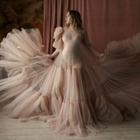 Wholesale Nude Color See Through Poshoot Dresses Sheer Long Sleeves Ruffles Train Maternity Dresses For Po Shoot Tulle Robe Gown Casual