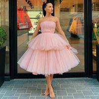 Wholesale High Fashion Blush Pink Puff Mid Calf Tulle Women Dresses Ruffles Tiered A line Mesh Birthday Party Dress Off The Shoulder Casual