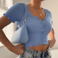 Wholesale Stretchy Ruffle Sleeve Crop Top Women Summer Button Green Blue Tight Rib knitted Plain Sexy Blouse Drop Women s Blouses Shirts