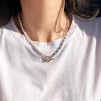 Wholesale Chains SRCOI Trendy Box Chain Link Imitation Pearls Choker Clavicle Necklace A Half Combination Vintage Women Jewelry