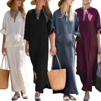 Wholesale Women Summer Casual Cotton Linen Plain Baggy Maxi Split Dresses Ladies Half Sleeve V Neck Beach Boho Solid Loose Long Dress H1yE