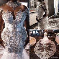 Wholesale Luxury High Neck South African Mermaid Wedding Dresses Lace Crystals Beading Long Sleeves Bridal Gown High Neck Plus Size Vestiods