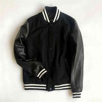 Wholesale Men s Jackets Winter Real Leather Sleeves Varsity Jacket Men Wool Baseball Letterman Coat Plus Size XL T67P