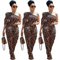 Wholesale Newest Leopard Printing One Shoulder Sexy Lady Rompers Stretchy One Short Sleeves Loose Casual Party Jumpsuits Real Photos