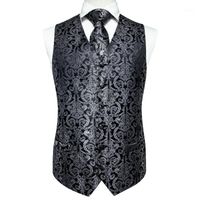 Wholesale Men s Vests Hi Tie Black Paisley Silk Vest For Men Suit Tie Pocket Square Cufflinks Waistcoat Set
