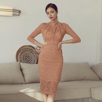 Wholesale Arrival Fashion Spring Midi Party Dress Women OL Temperament Sexy Perspective Backless Lace Bow Split Slim Pencil Casual Dresses