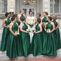 Wholesale 2021 Emerald Green Bridesmaid Dress Long Taffeta Wedding Party Gowns Women Halter Neck Simple Elegant Lady Guest Gowns