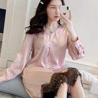 Wholesale Women s Sleepwear Korean Sexy Women Nightwear Long Sleeve Lace Princess Autumn Silk Chemise Stain Nightgown Pink Plus Size Nighties