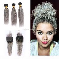 Wholesale Ombre B Grey Afro Curly Hair Bundles With Lace Closure Two Tone Silver Kinky Curly Hair Weaves With Lace Closure