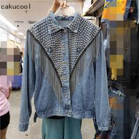 Wholesale Women s Jackets Cakucool Denim Jacket Tassels Rivets Jeans Korean Loose Beading Punk Coat Casual Girls Outerwear Black