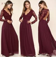 Discount long sleeve beach wedding bridesmaid dress 2021 Western Country Style Maroon Chiffon Bridesmaid Dresses Burgundy Lace Long Sleeves V-Neck Backless Beach Wedding Party Dresses Cheap