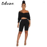 Wholesale Echoine Summer Knitted Off Shoulder Long Sleeve Sweater Two Piece Suit Women Black Yellow Crop Top Shorts Tracksuit Outfits Women s Tracksui