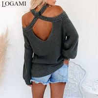 Wholesale LOGAMI Hanging Neck Off Shoulder Loose Pullover Woman Autumn Winter Knit Sweater Women Sweaters and Pullovers