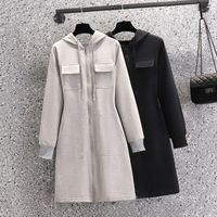 Wholesale Casual Dresses Women Solid Hooded Simple Chic Fall Ulzzang Korean Style Students Trendy Lovely Zipper Pocket Empire Streetwear