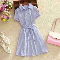 Wholesale Elegant Office Summer Dress Shirt Elegant Blue Stripped Cotton Turn Down Collar Wear to Work Shirts Women Dresses