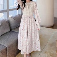 Wholesale Casual Dresses Korean Version Japanese Dress Autumn Winter Temperament Draw Back Bow Knit Stitching Printing Round Neck Long Sleeve