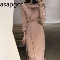 Wholesale Dress Women Vintage Spring Slim Midi V Neck Long Sleeve Irregular Elegant Bandage Bodycon A Line Pink Black Khaki