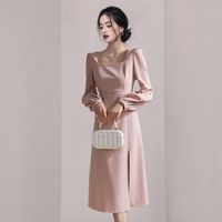 Wholesale Casual Dresses Autumn Long Party Dress Elegant Pink Sleeve Square Collar Split Slim Formal