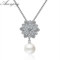Wholesale Anenjery Sterling Silver Clavicle Chain Necklace Luxury Dazzling Zircon Snowflake Pearl Pendant S n202
