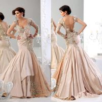 Wholesale New Style Prom Dresses V Neck Beaded Sequined Crystal Pearls Ruffles Sweep Train Taffeta Long Sleeve Champagne Mermaid Evening Gowns