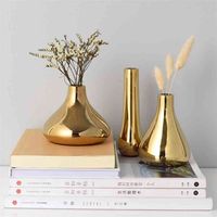 Wholesale Nordic Home Office Desktop Decoration Light Luxury Plated Gold Vase Dried Flower Ceramic Modern Mini vazen