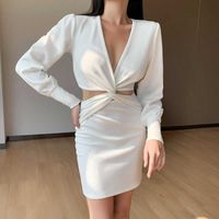 Wholesale What are you wearing V neck bubble sleeve dress new fashion kink X ray empty Hip Wrap Skirt p