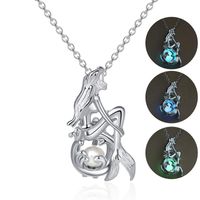 Wholesale Chains Glowing In The Dark Silver Plated Moonstone Bead Pendant Loceket Necklace Love Wish Hollow Mermaid Locket DIY For Women
