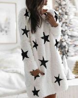 Wholesale Winter Women Elegant Star Print Pocket Design Teddy Dress Casual Fluffy Long Sleeve Mini Dress Cute Daily Outfits New
