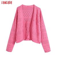 Wholesale Tangada Women Pink Textured Weave Loose Knit Cardigan Sweater Vintage Long Sleeve Open Stitch Female Outerwear Chic Top BE110 Q0817